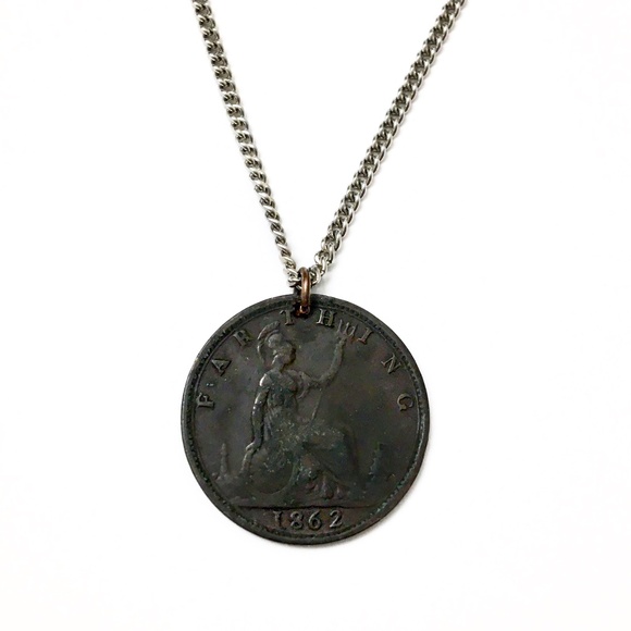 RARE 1862 Antique Coin Necklace — Victorian Era — Sterling Silver Chain - Picture 1 of 5